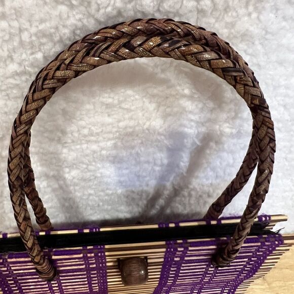 Rattan Woven Purple  Purse Handbag w/ Handmade Beaded Closure & Braided Handles - Picture 8 of 16